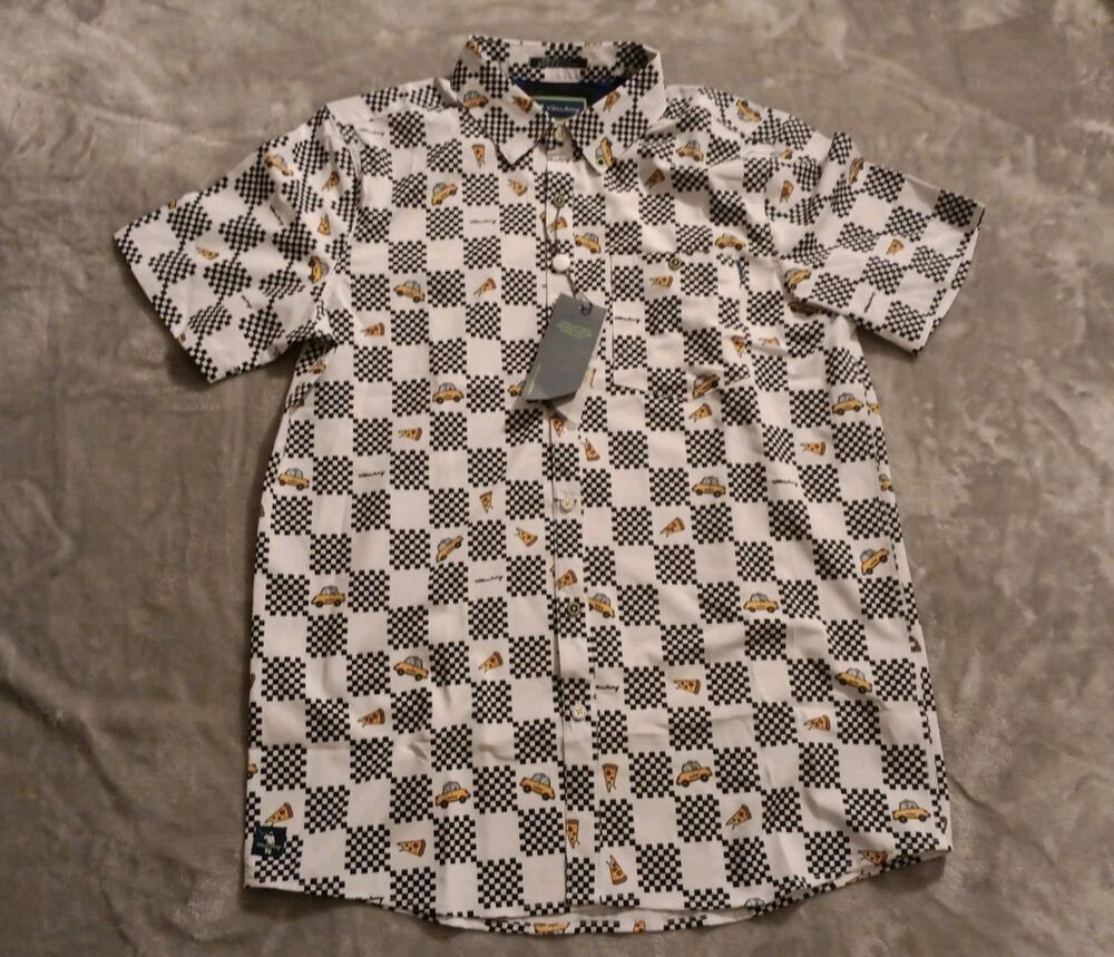 NWT William Murray Button Down Golf Polo Shirt Mens Small Taxi Pizza AOP